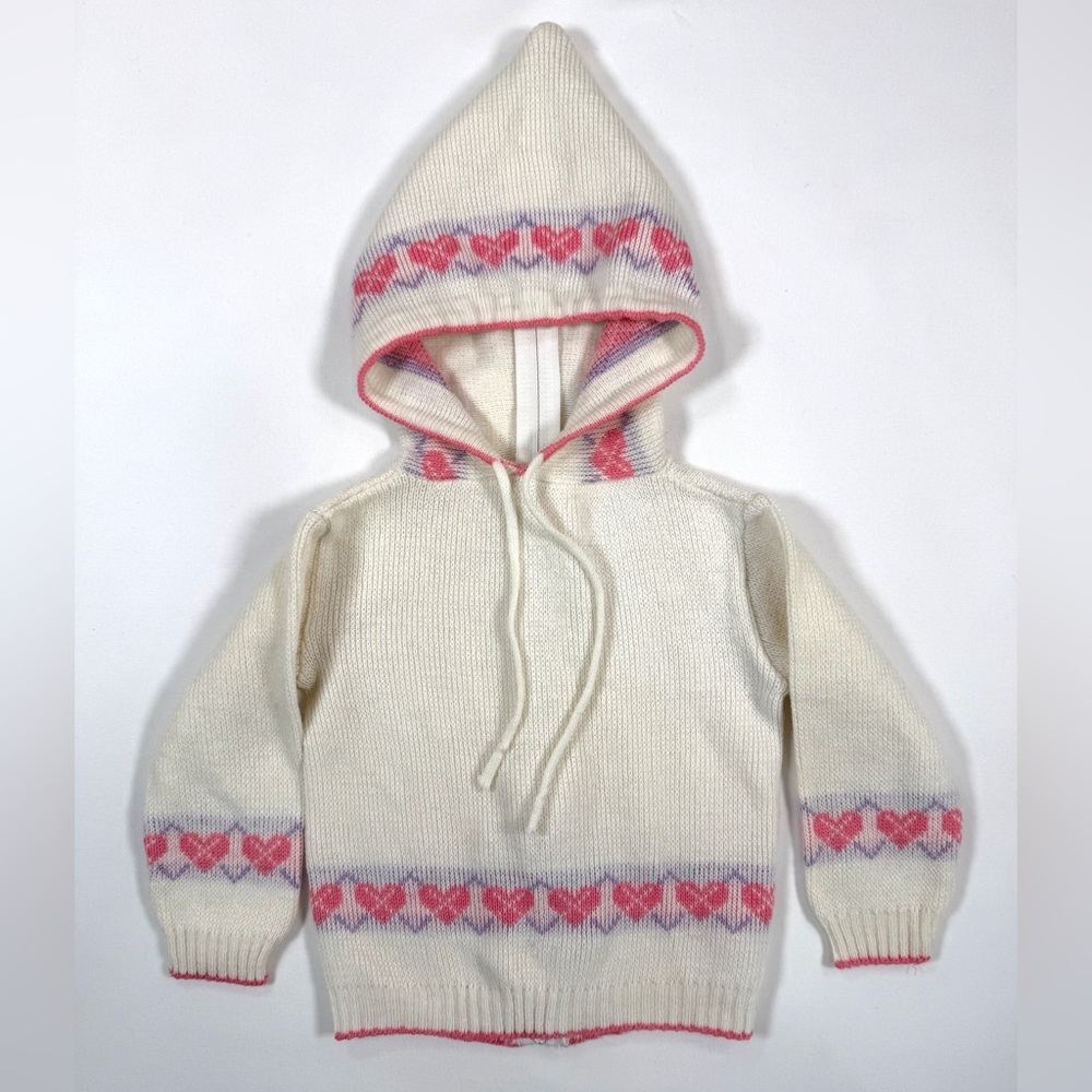 JULIUS BERGER VINTAGE 80s-90s Acrylic Heart Patterned‎ Sweater Knit Hoodie 2-3T